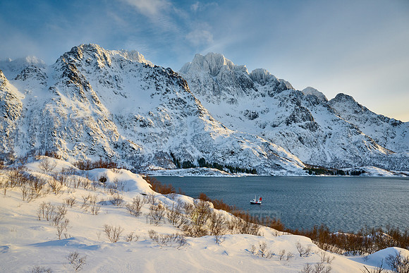 Winter landscape with mountains and sea at the viewpoint of Austnesfjorden