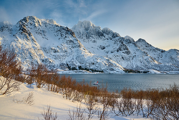 Winter landscape with mountains and sea at the viewpoint of Austnesfjorden