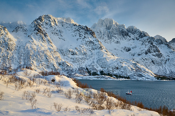 Winter landscape with mountains and sea at the viewpoint of Austnesfjorden