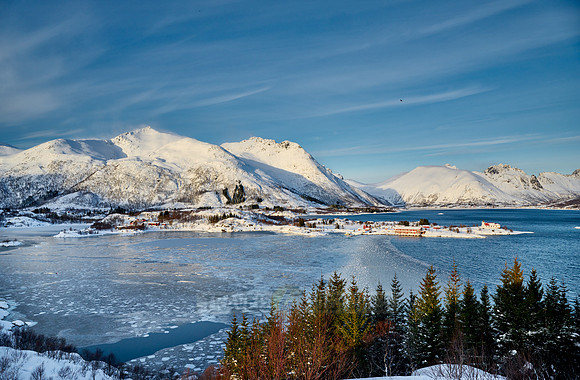 Winter landscape with mountains and sea at the viewpoint of Austnesfjorden