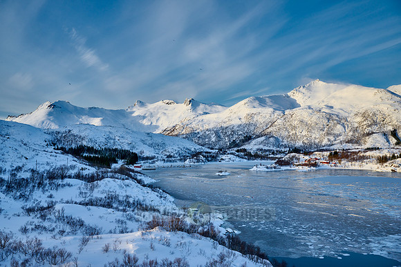 Winter landscape with mountains and sea at the viewpoint of Austnesfjorden