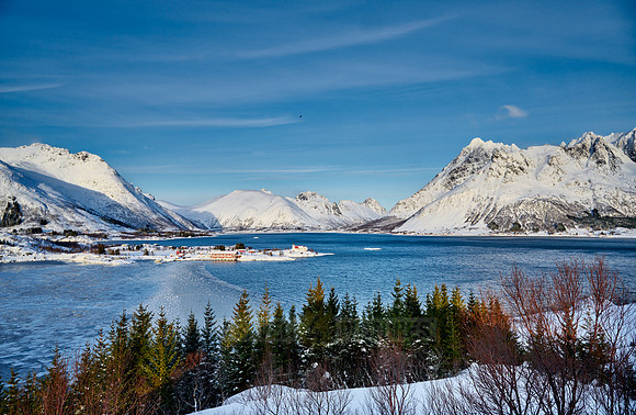 Winter landscape with mountains and sea at the viewpoint of Austnesfjorden