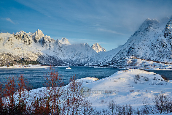 Winter landscape with mountains and sea at the viewpoint of Austnesfjorden