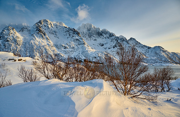 Winter landscape with mountains and sea at the viewpoint of Austnesfjorden