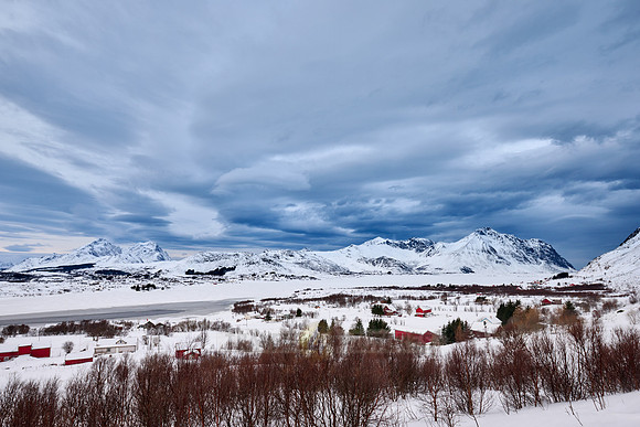 winter landscape of Vestvågøy seen from viewpoint of Torvdalshalsen rest point, Lofoten