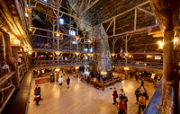 interior shot of wooden architecture of Old Faithful Inn