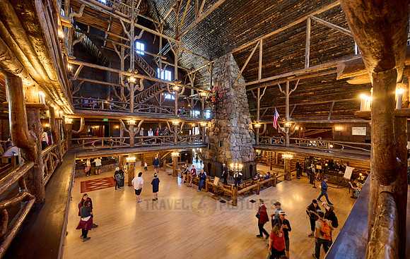 interior shot of wooden architecture of Old Faithful Inn