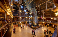 interior shot of wooden architecture of Old Faithful Inn