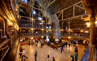 interior shot of wooden architecture of Old Faithful Inn