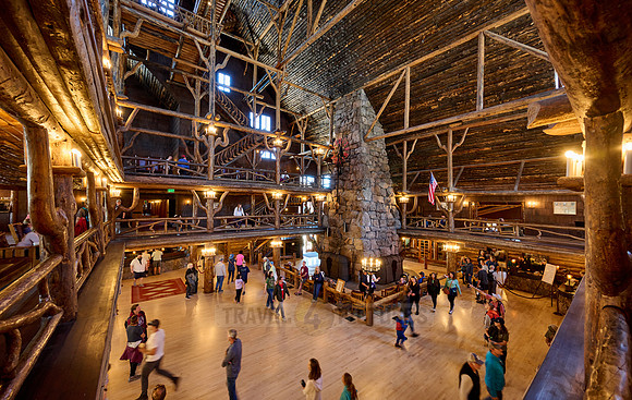 interior shot of wooden architecture of Old Faithful Inn