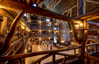 interior shot of wooden architecture of Old Faithful Inn