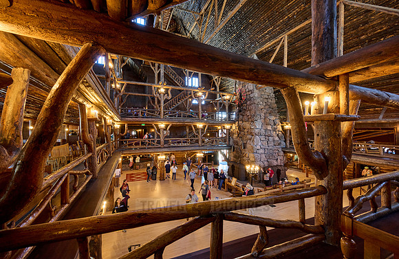 interior shot of wooden architecture of Old Faithful Inn