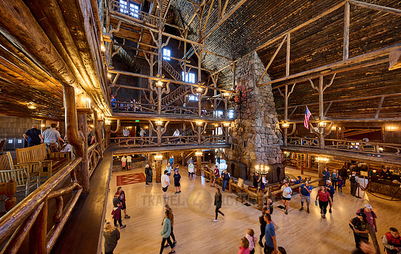 interior shot of wooden architecture of Old Faithful Inn