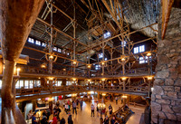 interior shot of wooden architecture of Old Faithful Inn