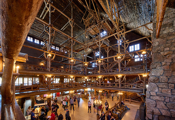 interior shot of wooden architecture of Old Faithful Inn