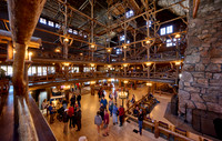 interior shot of wooden architecture of Old Faithful Inn