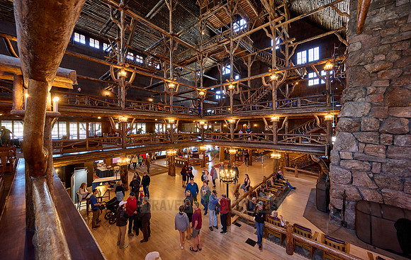 interior shot of wooden architecture of Old Faithful Inn