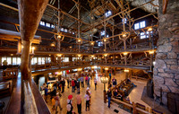 interior shot of wooden architecture of Old Faithful Inn