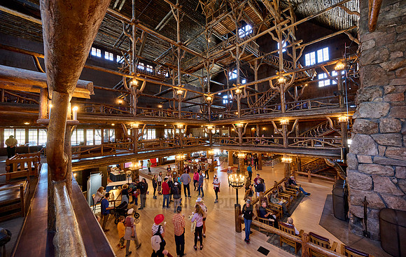 interior shot of wooden architecture of Old Faithful Inn