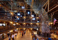 interior shot of wooden architecture of Old Faithful Inn