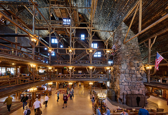 interior shot of wooden architecture of Old Faithful Inn