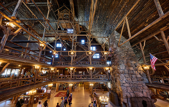 interior shot of wooden architecture of Old Faithful Inn