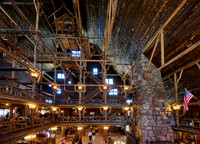 interior shot of wooden architecture of Old Faithful Inn