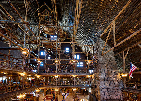 interior shot of wooden architecture of Old Faithful Inn