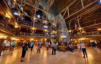 interior shot of wooden architecture of Old Faithful Inn