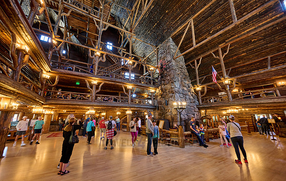 interior shot of wooden architecture of Old Faithful Inn