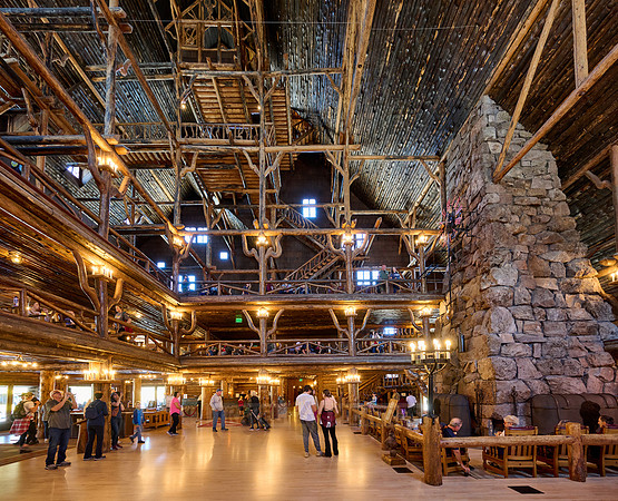 interior shot of wooden architecture of Old Faithful Inn