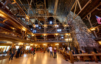 interior shot of wooden architecture of Old Faithful Inn