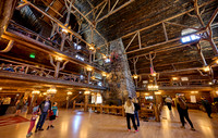 interior shot of wooden architecture of Old Faithful Inn