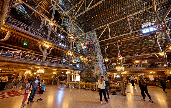 interior shot of wooden architecture of Old Faithful Inn