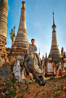 boy on water buffalo between ruins of Shwe Inn Thein
