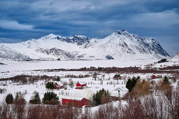 winter landscape of Vestvågøy seen from viewpoint of Torvdalshalsen rest point, Lofoten