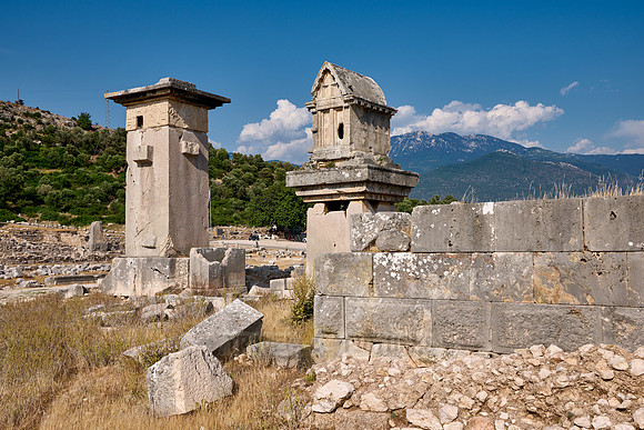 Sarcophagus and Harpy Pillar in ruins of ancient city Xanthos