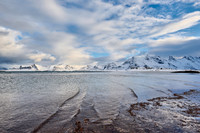 winter landscape with sea and mountains at Sandbotnen, Lofoten