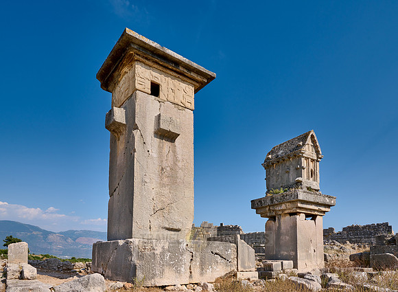 Sarcophagus and Harpy Pillar in ruins of ancient city Xanthos