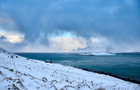 winter landscape with sea and mountains at Sandbotnen, Lofoten