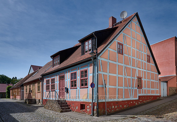 typical historic half-timbered houses in Fuerstenberg/Havel