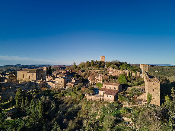 drone shot of medieval town Monticchiello