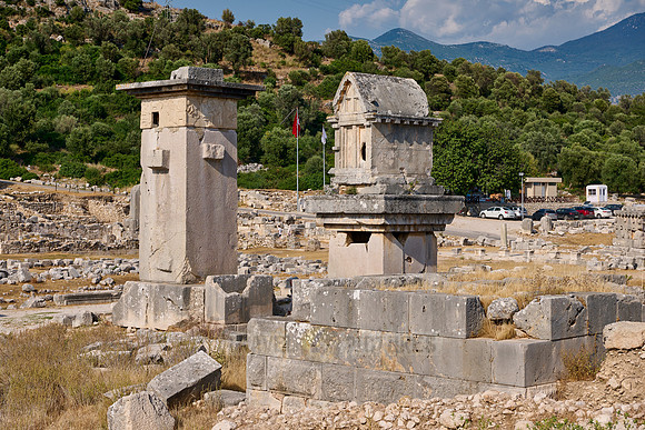 Sarcophagus and Harpy Pillar in ruins of ancient city Xanthos