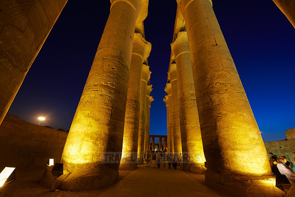 night shot of colonnade inside Temple of Luxor