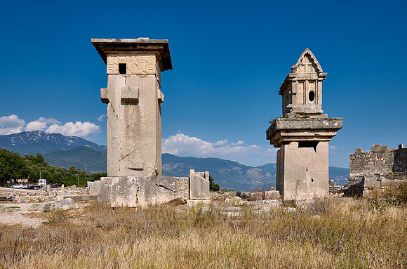 Sarcophagus and Harpy Pillar in ruins of ancient city Xanthos