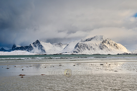 winter landscape with sea and mountains at Sandbotnen, Lofoten