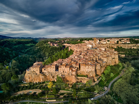 drone shot of medieval town Pitigliano
