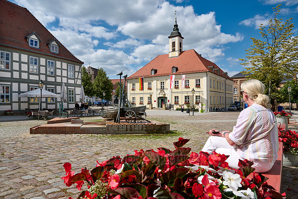 Fountain, Market Square and Historic Town Hall of Angermuende