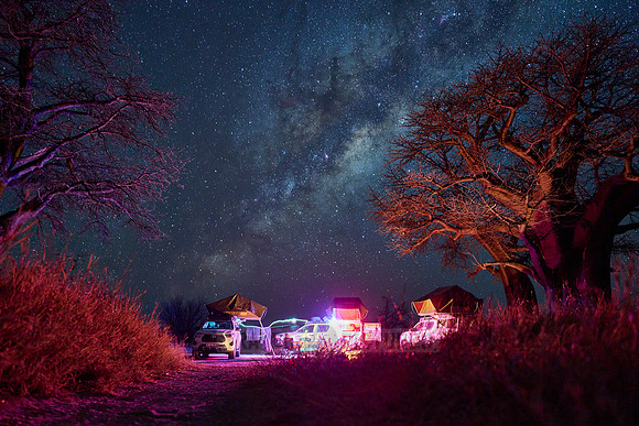 Night shot with Milky Way and Baobabs and camper at Baines Campsite 2