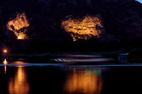 night shot of illuminated Lycian rock tombs in a rock face of Dalyan